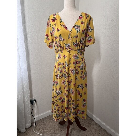 Lulus Button Front Midi Dress Women Large Short Sleeve Yellow Floral - Picture 2 of 10